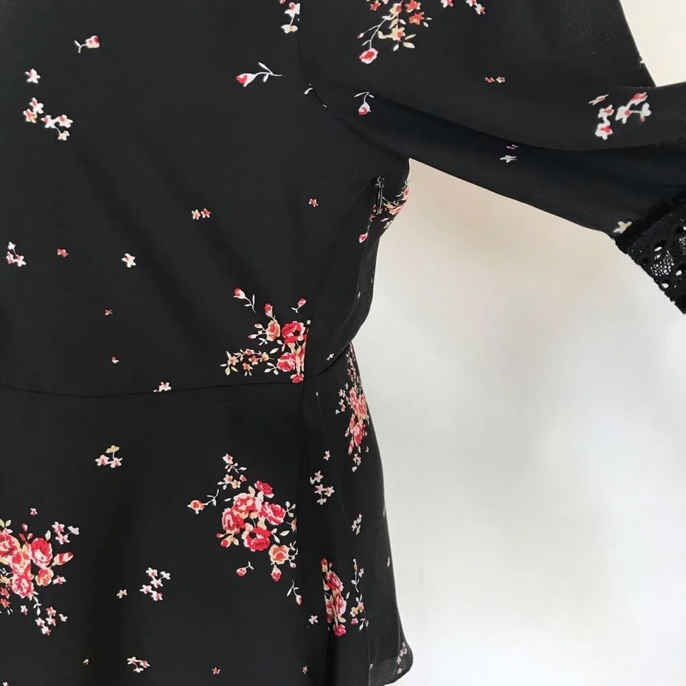 Show Me Your MuMu Lafayette Blouse XS NWT Black Red Cherry Blossom Bell Sleeve